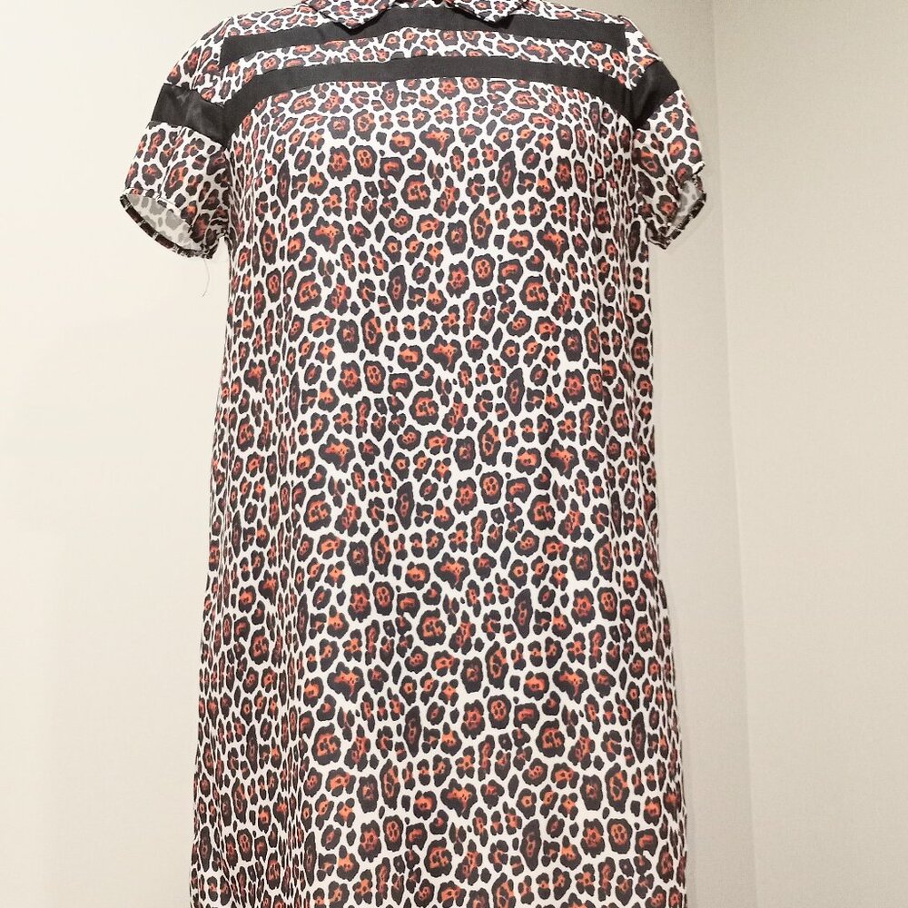 YOU CHEETAH PRINT BABYDOLL DRESS WITH COLLAR AND BLACK SHEER PANELLING SIZE S